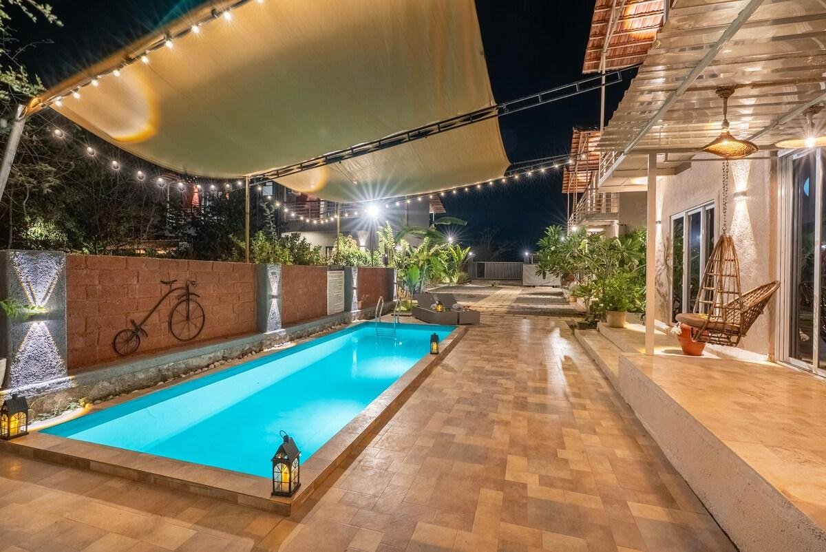 Boho theme 2BHK Villa wd Pvt Pool & Lawn in Karjat x Solis Nature